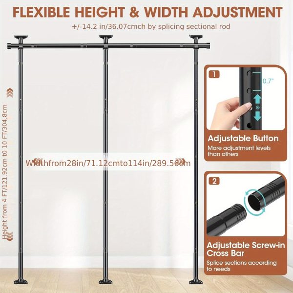 No Drill Room Divider Curtain Rod - Heavy Duty Adjustable Freestanding Partition with Tension Mount (No Drilling Required) - Frame Suitable for Apartments, Offices, Dorms - Easy Install/Remove, Height 4-10ft, Width 28-114in (Black/White)
