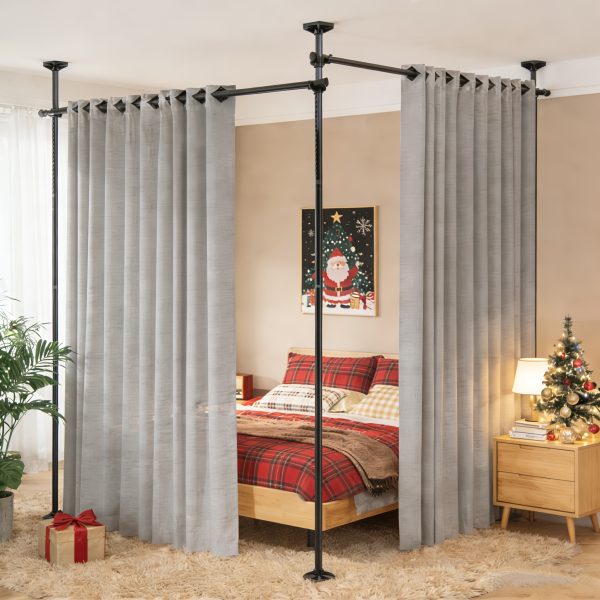 No Drill Room Divider Curtain Rod - Heavy Duty Adjustable Freestanding Partition with Tension Mount (No Drilling Required) - Frame Suitable for Apartments, Offices, Dorms - Easy Install/Remove, Height 4-10ft, Width 28-114in (Black/White)