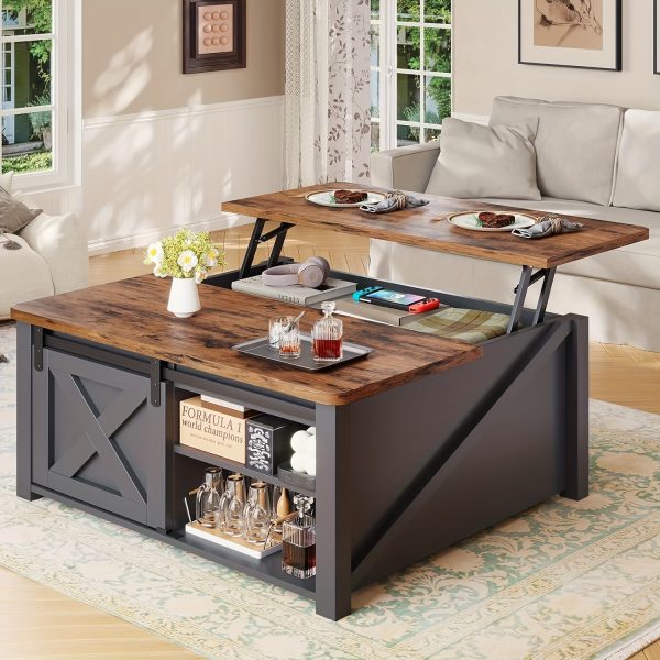 Farmhouse Lift Top Coffee Table with Storage, Square Coffee Table with Large Hidden Storage Compartment And Adjustable Shelves for Living Room, Black/White/Grey/Blue