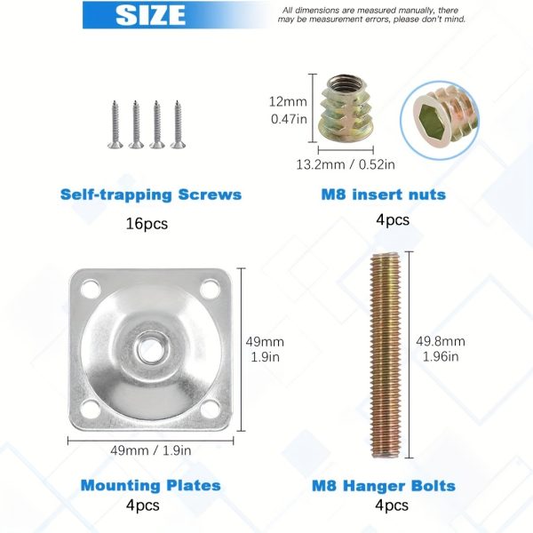 Anwenk Leg Mounting Plates, Industrial Strength T-Plate 5/16" (M8) for Attaching Furniture Legs, Complete with Hanger Bolts And Screws, Designed to Reinforce Weak Furniture And Repair Damaged Sofa Or Couch Seats, Available in a Set of 4