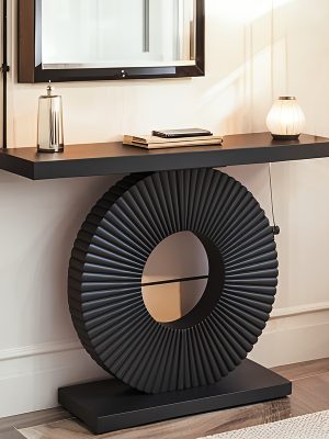 [Modern Sofa Table] 40 Inch Modern Wooden Sofa Entrance Table with Geometric Base, Narrow and Long, for Living Room, Entrance, and Hallway