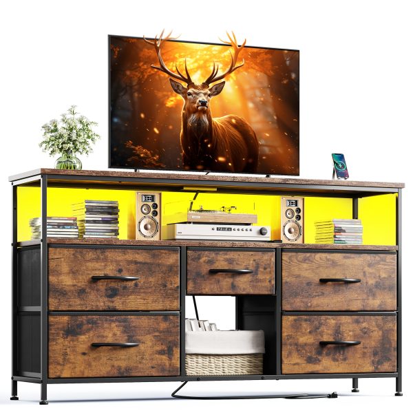 product-fancy-26072bda-63a3-4310-bdc9-80bf2b5e2924 TV Stand Dresser, Closet Organization Systems, Media Console Table with 5 Drawers, Power Outlets and LED Lights, for 50 Inch Television, Storage & Home Organization