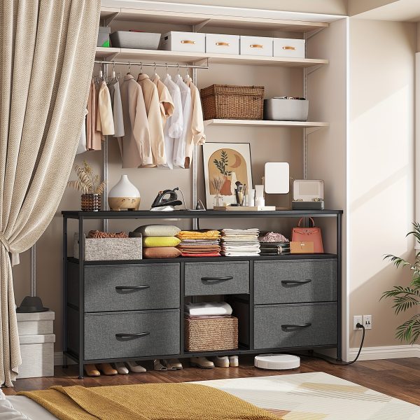 product-fancy-2d652be6-72e6-4024-956b-38487cd20101 TV Stand Dresser, Closet Organization Systems, Media Console Table with 5 Drawers, Power Outlets and LED Lights, for 50 Inch Television, Storage & Home Organization