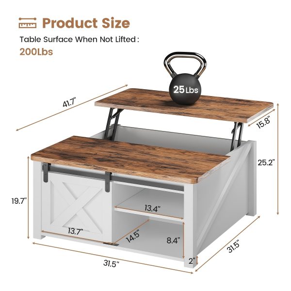 Farmhouse Lift Top Coffee Table with Storage, Square Coffee Table with Large Hidden Storage Compartment And Adjustable Shelves for Living Room, Black/White/Grey/Blue