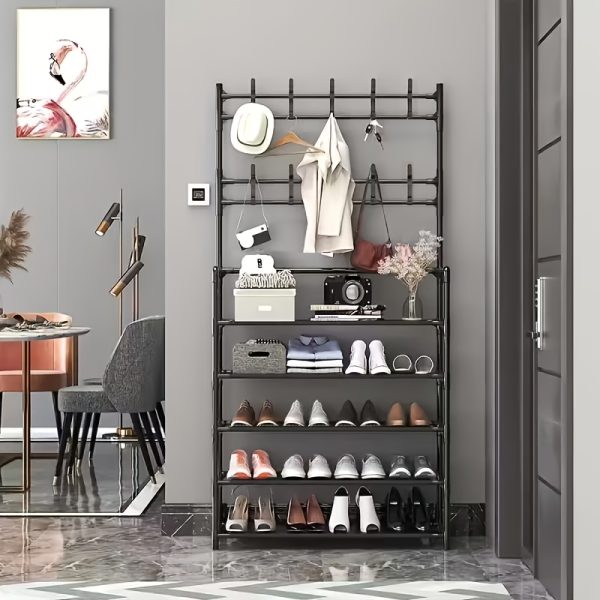 五层多功能金属衣帽架，配10个双钩挂钩——节省空间的玄关、客厅、浴室及走廊收纳方案，独立玄关鞋架提供充足储物空间