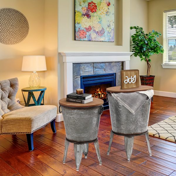 Set of 2 Rustic Farmhouse End Tables, Galvanized Metal Nesting Accent Side Tables with Round Wood Lids