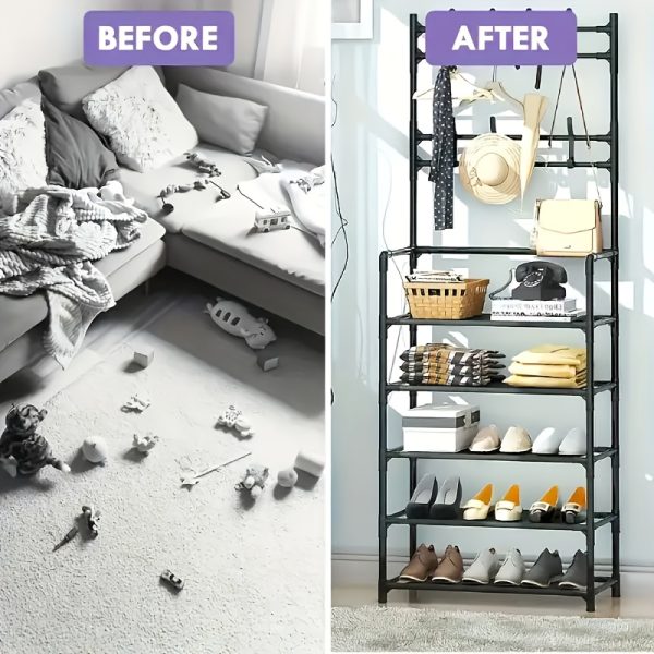 五层多功能金属衣帽架，配10个双钩挂钩——节省空间的玄关、客厅、浴室及走廊收纳方案，独立玄关鞋架提供充足储物空间