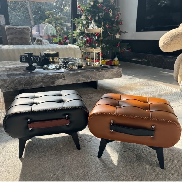 [Stylish Leather Stool] 1pc Stylish & Versatile High Quality Oil Wax Leather Low Stools, Footstools, Leather Padded Footstools - For Sofa End, Shoe Changing Stools For Living Rooms, Corridors, Foyers, Entrance, Bedroom, Home Decor Furniture, Furniture For Home