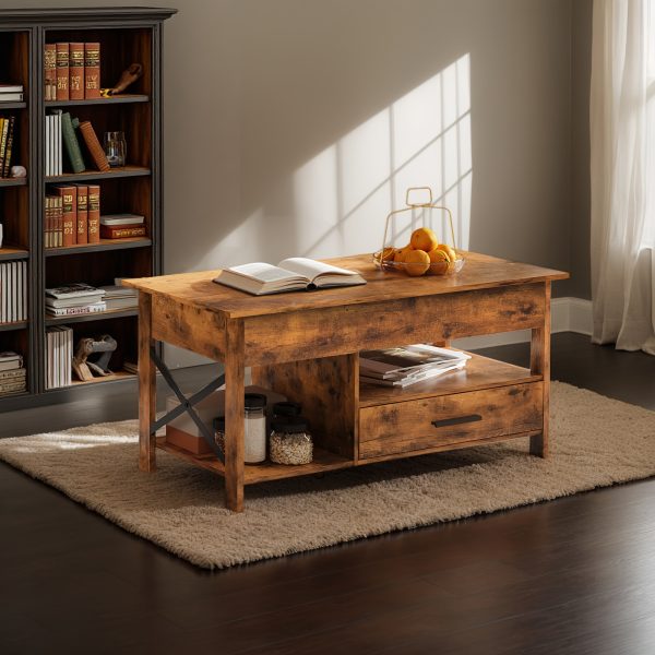 [Coffee Table With Storage] Lift Top Coffee Table, 39"Coffee Table With Storage Drawers, Hidden Compartment And Metal Frame, Central Table For Living Room, Reception Room