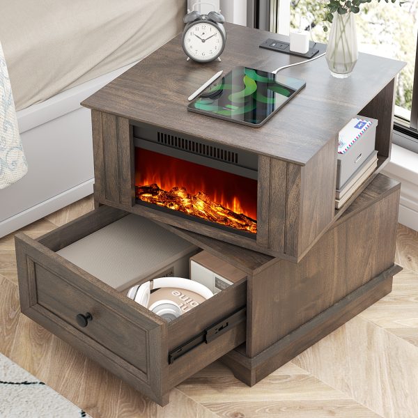product-fancy-5e56e39b-d62b-4f89-b724-07e223071781 Rotating End Table with 13" Electric Fireplace Screens | Side Table with Fast Charging Station, Multifunctional Wooden Side Table for Living Room, Bedroom, Office, Mid-century Modern Style, High-Density Fiberboard, Plug Powered, Brand: REDAYFUR