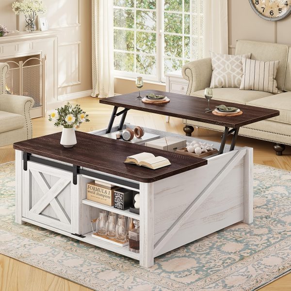 Farmhouse Lift Top Coffee Table with Storage, Square Coffee Table with Large Hidden Storage Compartment And Adjustable Shelves for Living Room, Black/White/Grey/Blue