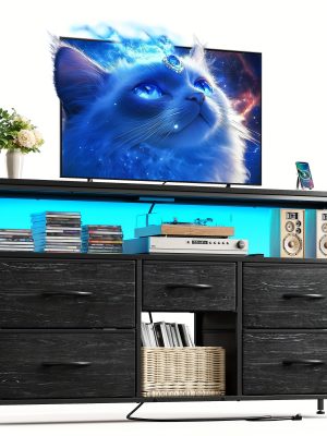 TV Stand Dresser, Closet Organization Systems, Media Console Table with 5 Drawers, Power Outlets and LED Lights, for 50 Inch Television, Storage & Home Organization