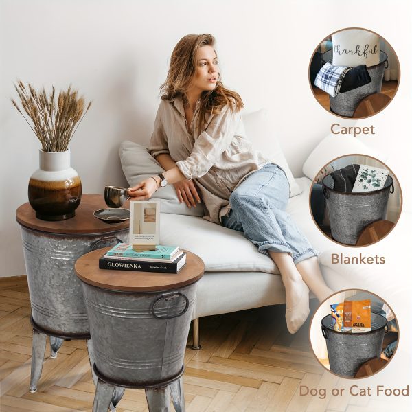 Set of 2 Rustic Farmhouse End Tables, Galvanized Metal Nesting Accent Side Tables with Round Wood Lids