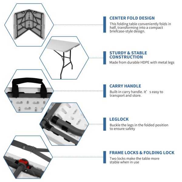 4英尺/6英尺塑料折叠桌，便携式室内外餐桌带提手、锁扣，野餐桌 - 白色