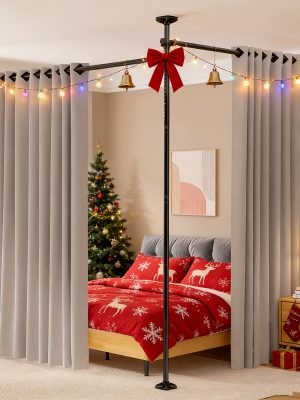 No Drill Room Divider Curtain Rod - Heavy Duty Adjustable Freestanding Partition with Tension Mount (No Drilling Required) - Frame Suitable for Apartments, Offices, Dorms - Easy Install/Remove, Height 4-10ft, Width 28-114in (Black/White)