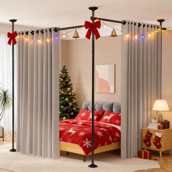 No Drill Room Divider Curtain Rod - Heavy Duty Adjustable Freestanding Partition with Tension Mount (No Drilling Required) - Frame Suitable for Apartments, Offices, Dorms - Easy Install/Remove, Height 4-10ft, Width 28-114in (Black/White)