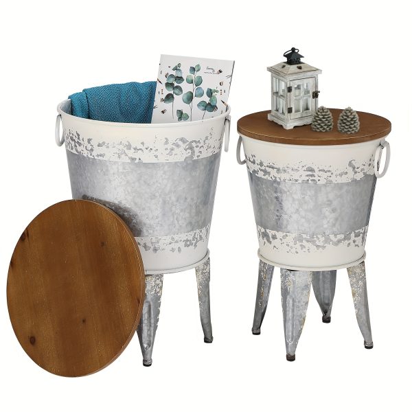 Set of 2 Rustic Farmhouse End Tables, Galvanized Metal Nesting Accent Side Tables with Round Wood Lids