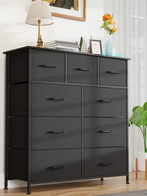 Black/Grey/Nature 5/8/9 Fabric Drawers Dresser For Bedroom, Storage Drawers, Chest Organizer Units With Wooden And Steel Frame Top For Bedroom, Living Room, Closet, Living Room, Entryway