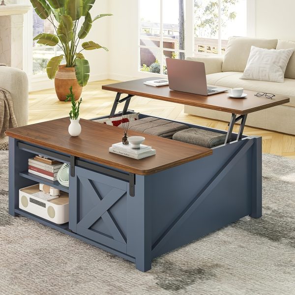 Farmhouse Lift Top Coffee Table with Storage, Square Coffee Table with Large Hidden Storage Compartment And Adjustable Shelves for Living Room, Black/White/Grey/Blue