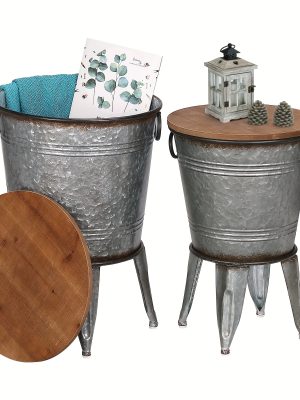 Set of 2 Rustic Farmhouse End Tables, Galvanized Metal Nesting Accent Side Tables with Round Wood Lids