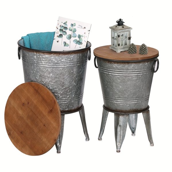 Set of 2 Rustic Farmhouse End Tables, Galvanized Metal Nesting Accent Side Tables with Round Wood Lids