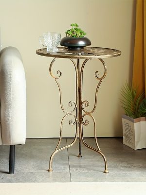 [Vintage Metal Table] Elegant 1pc Vintage Style Metal End Table | 40cm Diameter, Portable Round Side Table with Ornate Scrollwork Design - Ideal for Living Room, Balcony, or Hotel Decor