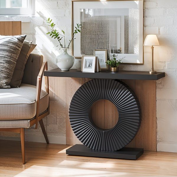 [Modern Sofa Table] 40 Inch Modern Wooden Sofa Entrance Table with Geometric Base, Narrow and Long, for Living Room, Entrance, and Hallway