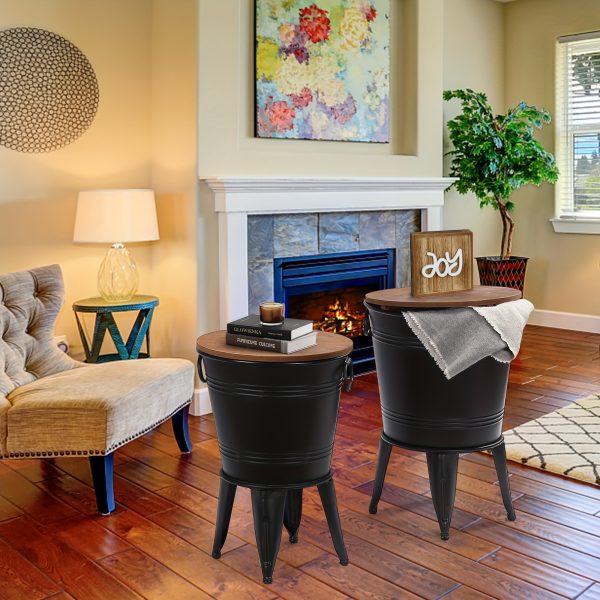 Set of 2 Rustic Farmhouse End Tables, Galvanized Metal Nesting Accent Side Tables with Round Wood Lids