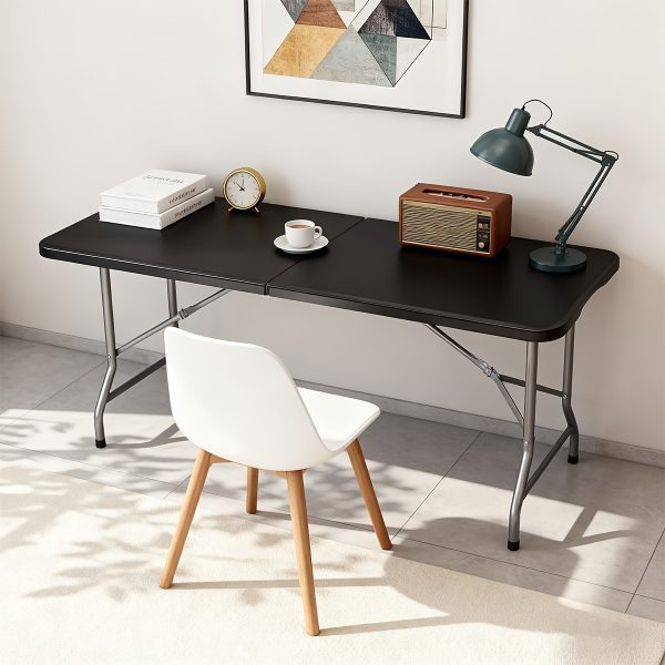 2.5/4/6英尺折叠桌 | 便携式重型塑料半折叠用途桌，带提手、锁具、可调节高度，适用于室内/室外，是露营和派对的理想选择，白色/黑色