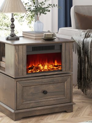 Rotating End Table with 13" Electric Fireplace Screens | Side Table with Fast Charging Station, Multifunctional Wooden Side Table for Living Room, Bedroom, Office, Mid-century Modern Style, High-Density Fiberboard, Plug Powered, Brand: REDAYFUR