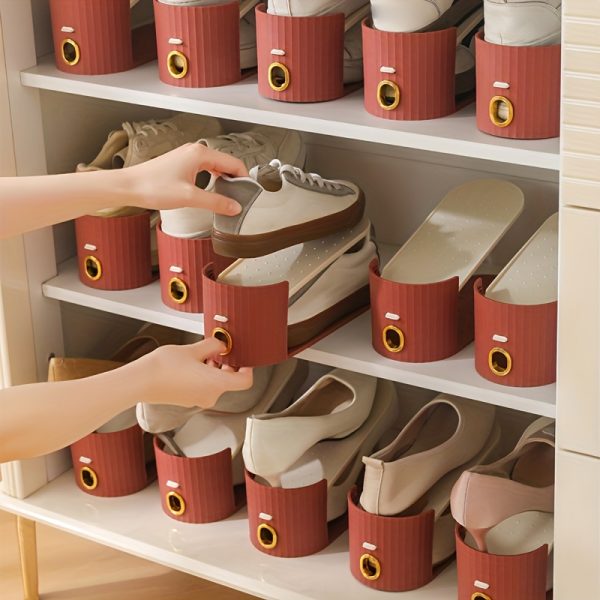 10pcs Shoe Rack, Vertical Stripe with Golden Ring. Stylish Color Scheme. Space-Saving, Solves Messy Issues, Fits All Kinds of Shoes. Foldable Splicing, Free Combination, Suitable For Living Room, Dormitory, Closet. Durable Pp Material