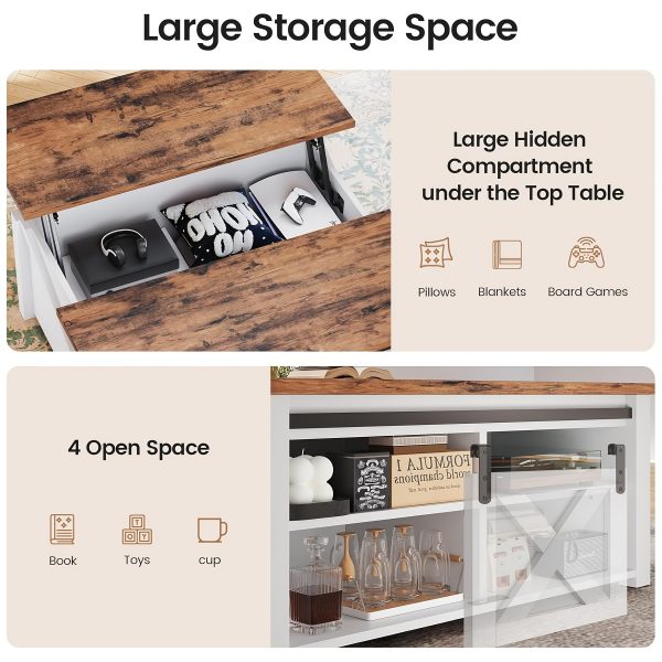 Farmhouse Lift Top Coffee Table with Storage, Square Coffee Table with Large Hidden Storage Compartment And Adjustable Shelves for Living Room, Black/White/Grey/Blue