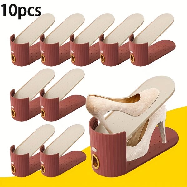 10pcs Shoe Rack, Vertical Stripe with Golden Ring. Stylish Color Scheme. Space-Saving, Solves Messy Issues, Fits All Kinds of Shoes. Foldable Splicing, Free Combination, Suitable For Living Room, Dormitory, Closet. Durable Pp Material