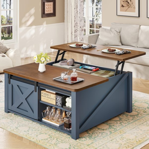 Farmhouse Lift Top Coffee Table with Storage, Square Coffee Table with Large Hidden Storage Compartment And Adjustable Shelves for Living Room, Black/White/Grey/Blue