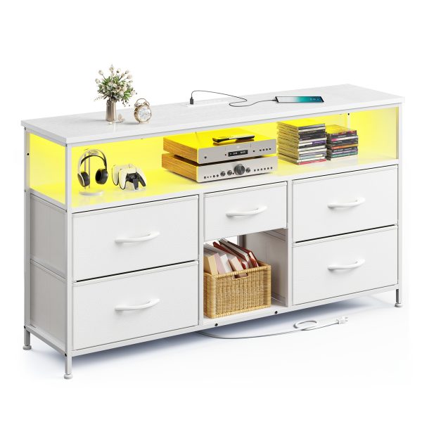 product-fancy-f0f446f3-5425-461d-a483-e1d05c63f9f4 TV Stand Dresser, Closet Organization Systems, Media Console Table with 5 Drawers, Power Outlets and LED Lights, for 50 Inch Television, Storage & Home Organization