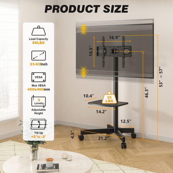 Universal Mobile TV Cart with Mute Wheel for 23in-55inch TV up to 88lbs