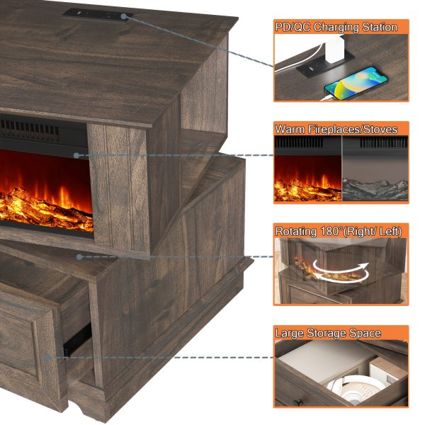 product-fancy-f729168a-d28e-47c7-a454-31408b6e5779 Rotating End Table with 13" Electric Fireplace Screens | Side Table with Fast Charging Station, Multifunctional Wooden Side Table for Living Room, Bedroom, Office, Mid-century Modern Style, High-Density Fiberboard, Plug Powered, Brand: REDAYFUR