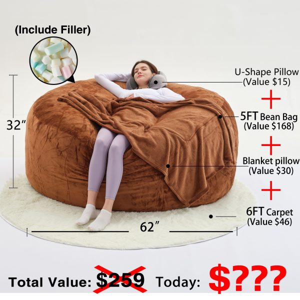 product-fancy-f8850f8a-c4ca-43ad-a219-b3a8c134c342 Beanbag Sofa Chair Include Filler( The Set Contains Bean Bag Chair, U-shape Pillow, Blanket, 6FT Carpet), Large Round Soft Removable Machine Washable Beanbag Sofa, 50 Lb Memory Sponge Filled Living Room Bedroom Gamingroom Sofa Bed Relaxation