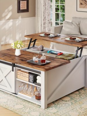 Farmhouse Lift Top Coffee Table with Storage, Square Coffee Table with Large Hidden Storage Compartment And Adjustable Shelves for Living Room, Black/White/Grey/Blue