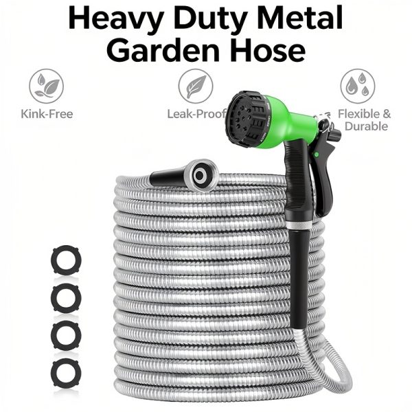 product-fancy-ff2e8044-701e-4a46-a18d-db9ce1c825f7 Heavy Duty 100ft/ 50ft Stainless Steel Water Hose with 10 Function Nozzle - Pet Safe High Garden Water Hose, Car Wash Water Hose, No Need to Worry About Pressure, Bend or Stretch, Durable and Break Resistant, with Portable and Wrap-Free Design