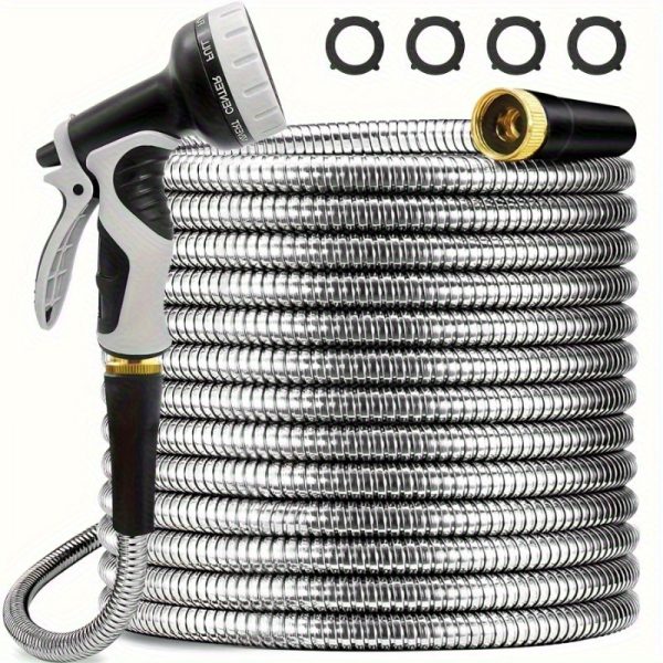 product-open-5705408d5dd64d2f841666e942073597-goods Heavy Duty 100ft/ 50ft Stainless Steel Water Hose with 10 Function Nozzle - Pet Safe High Garden Water Hose, Car Wash Water Hose, No Need to Worry About Pressure, Bend or Stretch, Durable and Break Resistant, with Portable and Wrap-Free Design