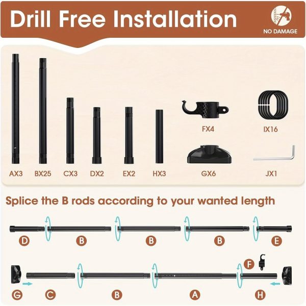 No Drill Room Divider Curtain Rod - Heavy Duty Adjustable Freestanding Partition with Tension Mount (No Drilling Required) - Frame Suitable for Apartments, Offices, Dorms - Easy Install/Remove, Height 4-10ft, Width 28-114in (Black/White)