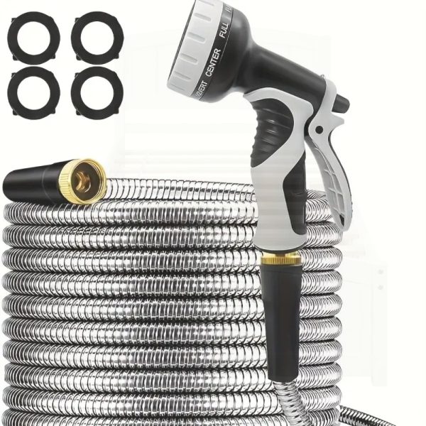 product-open-9cfd3f11a5124c308d4eccde127358c1-goods Heavy Duty 100ft/ 50ft Stainless Steel Water Hose with 10 Function Nozzle - Pet Safe High Garden Water Hose, Car Wash Water Hose, No Need to Worry About Pressure, Bend or Stretch, Durable and Break Resistant, with Portable and Wrap-Free Design