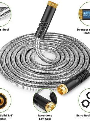 Heavy Duty 100ft/ 50ft Stainless Steel Water Hose with 10 Function Nozzle - Pet Safe High Garden Water Hose, Car Wash Water Hose, No Need to Worry About Pressure, Bend or Stretch, Durable and Break Resistant, with Portable and Wrap-Free Design