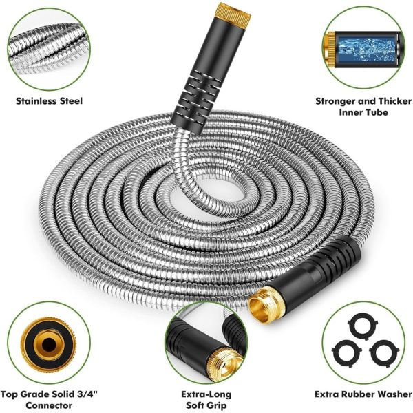 product-open-be53ac06663445d6857a112c24501c7f-goods Heavy Duty 100ft/ 50ft Stainless Steel Water Hose with 10 Function Nozzle - Pet Safe High Garden Water Hose, Car Wash Water Hose, No Need to Worry About Pressure, Bend or Stretch, Durable and Break Resistant, with Portable and Wrap-Free Design