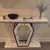 b-product-video-frame-img-5f29085c47582ad1bdcb6e09d28b7da8520862d5.temu_.000001 47.3" Modern Console Table with White Marble Texture, Narrow Sofa Table for Entryway & Hallway, Slim Behind Couch Table with Openwork Bracket, Foyer Table for Living Room, Easy Assembly