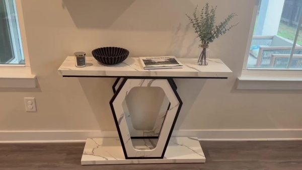 b-product-video-frame-img-5f29085c47582ad1bdcb6e09d28b7da8520862d5.temu_.000001 47.3" Modern Console Table with White Marble Texture, Narrow Sofa Table for Entryway & Hallway, Slim Behind Couch Table with Openwork Bracket, Foyer Table for Living Room, Easy Assembly