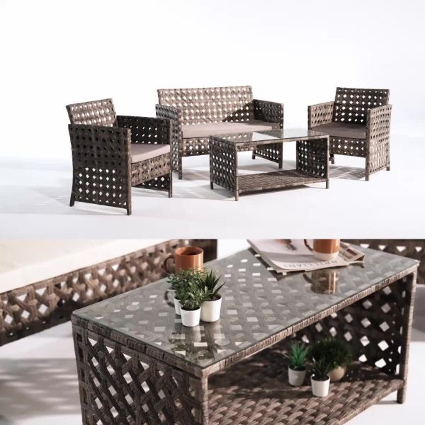 4pcs Outdoor Seating Arrangement, Durable Grey Rattan Garden Furniture Collection, Wicker Sofa with Chairs And Coffee Table, High-Back Rattan Loveseat with Comfortable Cushions for Patio, Available in 3 Fabric Color Choices