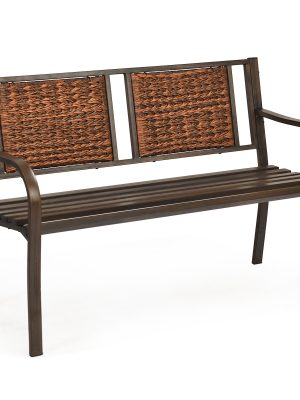 Costway 50" Patio Garden Bench Outdoor Metal Bench with Curved Armrests, PE Rattan Backrest, Outdoor Bench for 2-3 Person Seat, Ideal for Porch, Backyard, Balcony, Lawn and Garden, Bronze