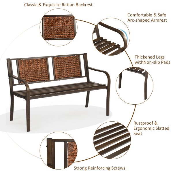 local-goods-image-1f14f500a28-8bdf4f12-0d6c-4627-b569-8e0d8f69075e Costway 50" Patio Garden Bench Outdoor Metal Bench with Curved Armrests, PE Rattan Backrest, Outdoor Bench for 2-3 Person Seat, Ideal for Porch, Backyard, Balcony, Lawn and Garden, Bronze
